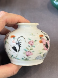 A Chinese green crackle-glazed vase on wooden stand and two famille rose 'Roosters' and 'Antiquities' water pots, 19th C.