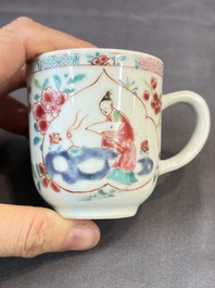 A Chinese famille rose teapot and cover with floral design and three cups, Qianlong