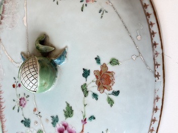 A Chinese famille rose covered 'Goats' tureen and a blue and white 'Floral' dish, Kangxi/Qianlong