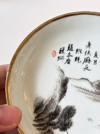 Two Chinese famille rose covered bowls and three grisaille saucers, Tongzhi and Qinghua Ciye Gongsi 慶華瓷業公司 marks, one signed Zi Wen 子文, 19/20th C.