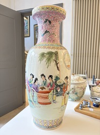 A Chinese famille rose 'Eight Immortals' dish and an 'Elegant Beauties' vase, Qianlong and Jingdezhen 景德鎮 mark, 20th C.
