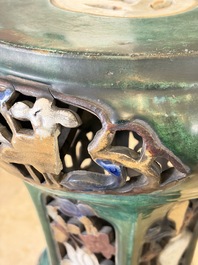 A pair of Chinese or Vietnamese polychrome-glazed pottery stands, 19th C.