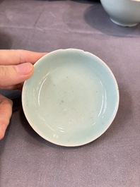 Seven Chinese blue and white, famille rose, and celadon wares, 18/19th C.