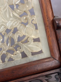 A pair of Chinese jade-inset wooden table screens, a jade-inset wooden ruyi with its original stand and a jade 'bi' disc on a wooden stand, 19/20th C.