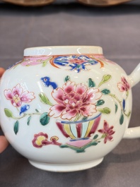 A Chinese famille rose teapot and cover with floral design and three cups, Qianlong