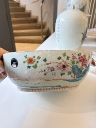 A Chinese famille rose covered 'Goats' tureen and a blue and white 'Floral' dish, Kangxi/Qianlong