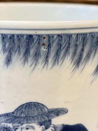A Chinese blue and white 'Fisherman' brush pot, 20th C.