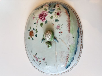 A Chinese famille rose covered 'Goats' tureen and a blue and white 'Floral' dish, Kangxi/Qianlong
