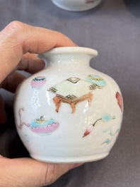 A Chinese green crackle-glazed vase on wooden stand and two famille rose 'Roosters' and 'Antiquities' water pots, 19th C.
