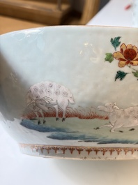 A Chinese famille rose covered 'Goats' tureen and a blue and white 'Floral' dish, Kangxi/Qianlong