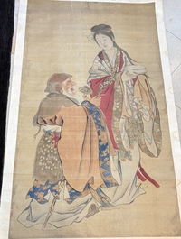 Chinese school: 'Magu Xianshou 麻姑獻壽', ink and colour on silk, signed Ping Yang Ji Xiang 平陽吉祥, 19th C.