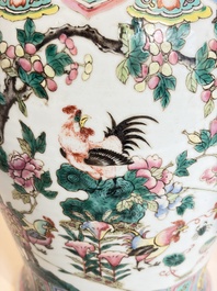 A pair of Chinese famille rose 'Roosters' vases and covers, 19th C.