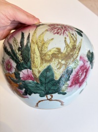 Two Chinese famille rose 'Birds among Flowering Branches' covered vases and a covered jar, 19/20th C.