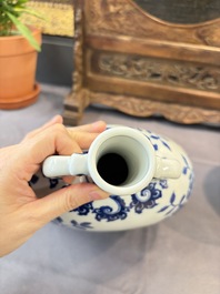 A Chinese blue and white moonflask vase and a wucai garlic-mouth bottle vase, Yongle and Wanli mark, 20th C.