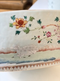 A Chinese famille rose covered 'Goats' tureen and a blue and white 'Floral' dish, Kangxi/Qianlong