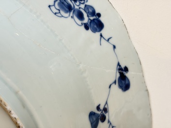 A Chinese famille rose covered 'Goats' tureen and a blue and white 'Floral' dish, Kangxi/Qianlong