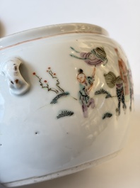 Two Chinese famille rose covered bowls and three grisaille saucers, Tongzhi and Qinghua Ciye Gongsi 慶華瓷業公司 marks, one signed Zi Wen 子文, 19/20th C.