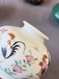 A Chinese green crackle-glazed vase on wooden stand and two famille rose 'Roosters' and 'Antiquities' water pots, 19th C.