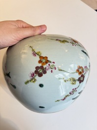 Two Chinese famille rose 'Birds among Flowering Branches' covered vases and a covered jar, 19/20th C.