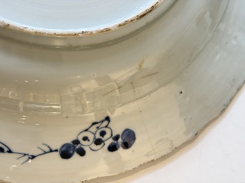 A Chinese famille rose covered 'Goats' tureen and a blue and white 'Floral' dish, Kangxi/Qianlong
