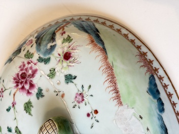 A Chinese famille rose covered 'Goats' tureen and a blue and white 'Floral' dish, Kangxi/Qianlong