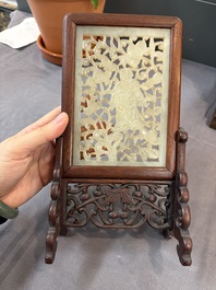 A pair of Chinese jade-inset wooden table screens, a jade-inset wooden ruyi with its original stand and a jade 'bi' disc on a wooden stand, 19/20th C.