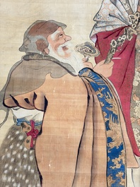 Chinese school: 'Magu Xianshou 麻姑獻壽', ink and colour on silk, signed Ping Yang Ji Xiang 平陽吉祥, 19th C.