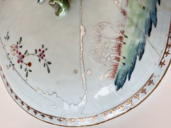 A Chinese famille rose covered 'Goats' tureen and a blue and white 'Floral' dish, Kangxi/Qianlong
