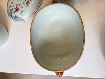 A Chinese famille rose covered 'Goats' tureen and a blue and white 'Floral' dish, Kangxi/Qianlong