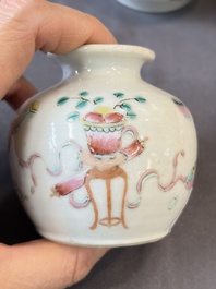 A Chinese green crackle-glazed vase on wooden stand and two famille rose 'Roosters' and 'Antiquities' water pots, 19th C.