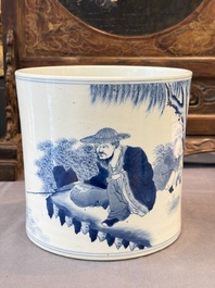 A Chinese blue and white 'Fisherman' brush pot, 20th C.