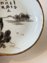 Two Chinese famille rose covered bowls and three grisaille saucers, Tongzhi and Qinghua Ciye Gongsi 慶華瓷業公司 marks, one signed Zi Wen 子文, 19/20th C.