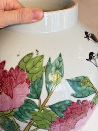 Two Chinese famille rose 'Birds among Flowering Branches' covered vases and a covered jar, 19/20th C.