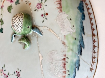 A Chinese famille rose covered 'Goats' tureen and a blue and white 'Floral' dish, Kangxi/Qianlong