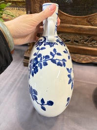 A Chinese blue and white moonflask vase and a wucai garlic-mouth bottle vase, Yongle and Wanli mark, 20th C.