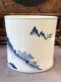A Chinese blue and white 'Fisherman' brush pot, 20th C.