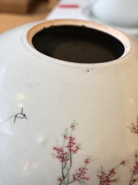 A Chinese famille rose vase, a covered jar and a jardiniere with stand, 19/20th C.