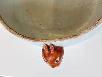 A Chinese famille rose covered 'Goats' tureen and a blue and white 'Floral' dish, Kangxi/Qianlong