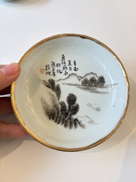 Two Chinese famille rose covered bowls and three grisaille saucers, Tongzhi and Qinghua Ciye Gongsi 慶華瓷業公司 marks, one signed Zi Wen 子文, 19/20th C.
