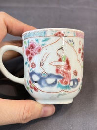 A Chinese famille rose teapot and cover with floral design and three cups, Qianlong
