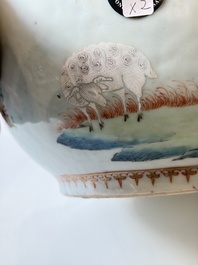 A Chinese famille rose covered 'Goats' tureen and a blue and white 'Floral' dish, Kangxi/Qianlong