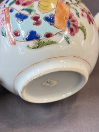 A Chinese famille rose teapot and cover with floral design and three cups, Qianlong