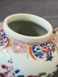 A Chinese famille rose teapot and cover with floral design and three cups, Qianlong