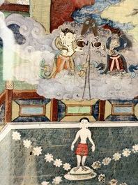 Two Sino-Tibetan thangkas depicting the life of Buddha Shakyamuni, 19th C.