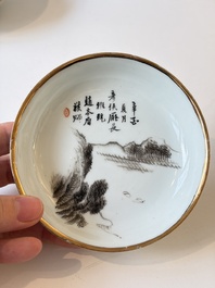 Two Chinese famille rose covered bowls and three grisaille saucers, Tongzhi and Qinghua Ciye Gongsi 慶華瓷業公司 marks, one signed Zi Wen 子文, 19/20th C.