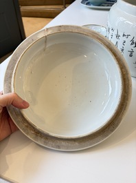 Two Chinese famille rose covered bowls and three grisaille saucers, Tongzhi and Qinghua Ciye Gongsi 慶華瓷業公司 marks, one signed Zi Wen 子文, 19/20th C.