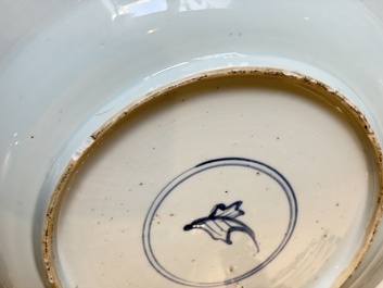 A Chinese famille rose covered 'Goats' tureen and a blue and white 'Floral' dish, Kangxi/Qianlong
