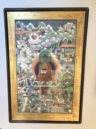 Two Sino-Tibetan thangkas depicting the life of Buddha Shakyamuni, 19th C.