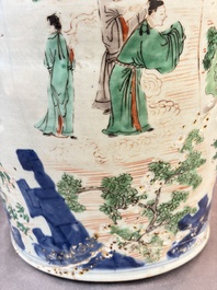 A Chinese wucai covered vase with narrative design and a jar mounted as a wine cooler, Transitional period