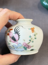 A Chinese green crackle-glazed vase on wooden stand and two famille rose 'Roosters' and 'Antiquities' water pots, 19th C.